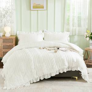 lot 1836 image: WONGS BEDDING White Queen Comforter Set,Boho Ruffle Comforter for Queen Bed,Soft Seersucker Shabby Chic Bedding Set with 1 Comforter,2 Tufted Pillowcases 90�90