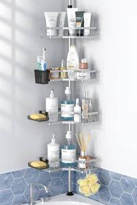 lot 1848 image: Corner Shower Caddy Tension Pole 4tier adjustable Rustproof Bathroom Organizer Shelves - Bathtub shampoo rack 43.5-120 inch