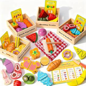 lot 1850 image: KONYXALU Wooden Play Food Set for Kids Kitchen - Pretend Cutting Toys with Fruits, Vegetables, Meat & Bakery - Montessori Sorting Toy for Boys & Girls Ages 3-8 - Ideal Gift for Christmas & Birthday