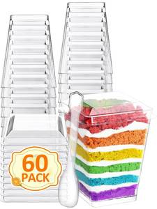 lot 1852 image: NEEBAKE 60 Sets 5oz Dessert Cups with Lids and Spoon - Parfait Cups with Lids for Appetizer for Party, Plastic Mini Dessert Cups with Spoons Clear with Lids