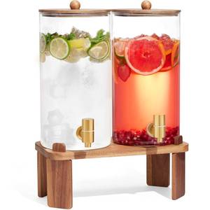lot 1861 image: 2 PCS 1.5 Gallon Drink dispenser, Glass Beverage Dispenser With Wood Stand, Large Water Drink Dispensers for Parties With Stainless Steel Spigot, Ideal for Lemonade,Juice, Tea, and Party Drinks