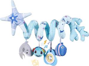 lot 2302 image: Upscale Trail Deluxe 5-Piece Spiral Plush Toy Set - Cute Hanging Baby Rattle Animals including Shark Ideal Stroller, Crib Mobile, & Car Seat Toys for Babies 0-6 months up to 1 Year Coral Blue