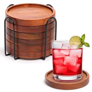 lot 2303 image: Mckanti Wooden Coasters Set of 6 with Holder, Acacia Wood Drink Coasters for Farmhouse, Patio, Bar Decoration