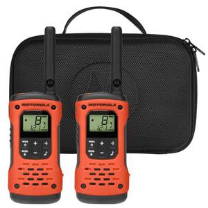 lot 2309 image: Motorola Solutions, Portable FRS, T605_H2O, Talkabout, Two Way Radios Waterproof Walkie Talkie Emergency Preparedness, Rechargeable, 22 Channel, 35 Mile, Orange WBlack, 2 Pack