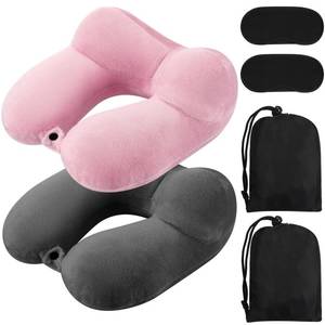 lot 2311 image: Sintuff 2 Pack Inflatable Travel Pillow for Airplanes Inflatable Neck Flight Pillows with Compact Bag and Blindfold for Traveling, Airplane, Train, Car, Office(Dark Gray and Light Pink)