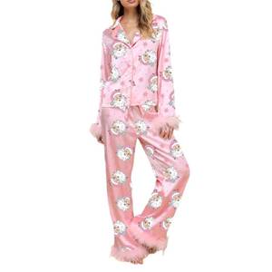 lot 2371 image: Villagepageme Womens Christmas Pajamas Sets Long Sleeve Button Down Fur Trim Shirt Matching Pants 2 Piece Lounge Set Sleepwear (Pink, M)