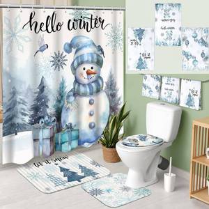 lot 2382 image: Vesici 7 Pcs Christmas Shower Curtain Set Merry Christmas Bathroom Curtain Non Slip U Shape Rug Toilet Seat Cover Mat and 3 Towel Waterproof Watercolor Xmas Winter Bathroom Accessories (Winter Style)