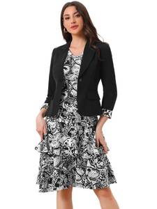 lot 2402 image: Allegra K Womens Dress Suit Sets 2 Pcs Chiffon V Neck Floral Print Contrast Panel Work Jacket Dresses Large Black White