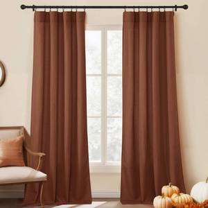 lot 2414 image: RYB HOME Brunt Orange Curtains for Living Room, Semi Sheer Linen Privacy Drapes with Rod Pocket Farmhouse Style Window Treatments for Bedroom Dining Room, 52 Wide by 95 inches Long, 2 Panels