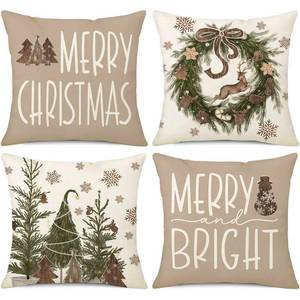 lot 2428 image: NIGHTWISH Christmas Pillow Covers 18x18 Set of 4 Brown Christmas Decorations Wooden Xmas Tree Snowman Throw Pillow Covers Reindeer Wreath Snowflake Winter Holiday Cushion Case for Sofa Couch