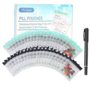 lot 2452 image: Serfeymi 48 Pcs Pill Pouch Bags for Travel Reusable Plastic Bags 3x3 Inch 12 mil (Double Sided) Translucent Zippered Pill Pouches for Medicine with Slide Lock & Writable Label, 1 Pc Marker-GreenBlack
