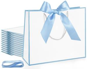 lot 3763 image: Silkfly 12 Pcs Thank You Gift Bags with Handle 12x10x4 Welcome Return Gifts Bag with Bow Ribbon for Valentine Wedding Bridesmaid Baby Shower New Year Housewarming Birthday (White,Light Blue)