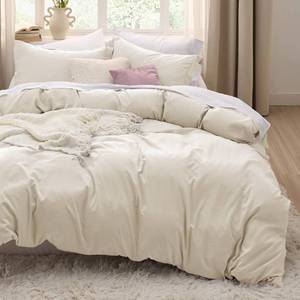 lot 3764 image: Bedsure Oat Milk Duvet Cover Queen Size - 3 Pieces Prewashed Cotton-Like Extra Soft Bedding Set, Includes 1 Duvet Cover 90x90 Inches with Zipper Closure & 2 Pillow Shams, Comforter Not Included