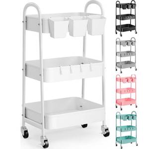 lot 3783 image: Some discoloration around edges 3 Tier Heavy Duty White Metal Rolling Cart with Lockable Wheels, Three Tier Roller Book Snack Cart, Utility Storage Organizer Carts for Kitchen, Bathroom, Garage, Baby Diaper, Craft, Art, Teacher