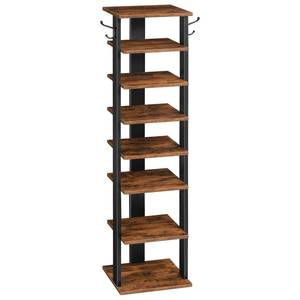 lot 3793 image: HOOBRO 8 Tiers Vertical Shoe Rack, Wooden Shoe Storage Organizer with Hooks, Narrow Shoe Tower for 8 Pairs, Space Saving, for Entryway, Living Room, Bedroom, Rustic Brown BF07XJ01G1