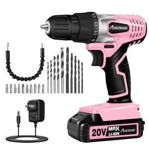 lot 3806 image: AVID POWER 20V MAX Lithium lon Cordless Drill Set, Power Drill Kit with Battery and Charger, 38-Inch Keyless Chuck, Variable Speed, 16 Position and 22pcs Bits (Pink)