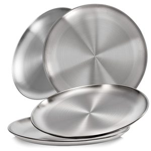 lot 3809 image: Sumerflos 304 (188) Stainless Steel Dinner Plates, 10 Round Salad Plates, Serving Plate for Home Kichten, Outdoor Camping, Snack, Pizza and BBQ - Set of 4