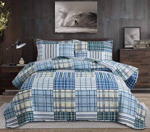 lot 3815 image: Morden Quilt Bedspread Queen Size Set - Plaid Patchwork Bedding Soft Lightweight Reversible Coverlet Blue White Stripe Collection