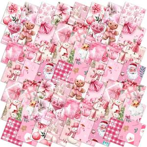 lot 4382 image: Oudain 60 Pcs 10 x 10 Inch Pink Christmas Quilting Fabric Vintage Christmas Fat Squares Patchwork Precut Strips Santa Flamingo Snowman Fabric Bundles for Xmas DIY Craft Sewing