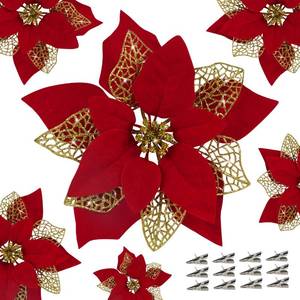 lot 4389 image: 12 PCS Poinsettia Flower Artificial Poinsettia Christmas Decoration 8.7 Red Glitter Poinsettias Christmas Ornaments Christmas Tree Flower Decor with Clips DIY Xmas Wreath Holiday Home Party Decor