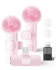 lot 4391 image: Wireless Lavalier Microphone for iPhone iPad and Android Phone, 2 Pack Lapel Mic Plug and Play Wireless Mic Noise Reduction Microphone for Video Recording Interview Podcast Vlog YouTube Tiktok (Pink)