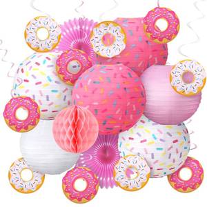 lot 4395 image: Hortsun 19 Pcs Donut Birthday Party Decorations Lanterns Hanging Donut Theme Decor Paper Lanterns Honeycomb Decorations Sweet One Birthday Party Supplies Donuts Decor Candy Ice Cream(Pink)