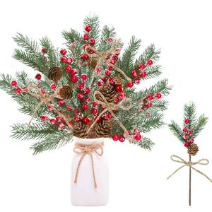 lot 4397 image: Sggvecsy 15 Pack Snow Frosted Christmas Berries Pine Picks Artificial Red Berry Pine Branches Frosted Faux Pine Stem with Pine Cones Fake Pine Needles for Xmas Tree Wreath DIY Craft Holiday Decor