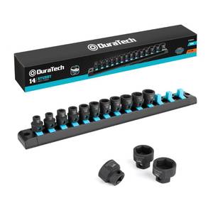 lot 4405 image: DURATECH 38 Drive Stubby Impact Socket Set, Low Profile Impact Sockets, 14-Piece, Metric, Size Covers 6-19mm, Cr-Mo Steel, Organized in Magnetic Storage Rail