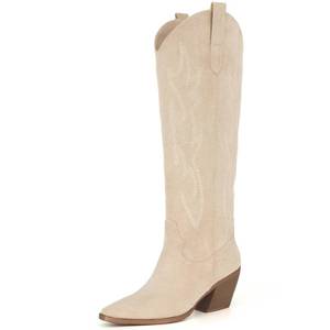 lot 5555 image: iiimmu Cowgirl Tall Boots Pointed Toe and Block Heel Cowboy Suede Boots with Embroidered, Beige, Size 8.5