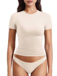 lot 6190 image: YEOREO Women Fitted Workout Tops Short Sleeve Double Lined Basic Y2K Going Out Crew Neck Compression Crop Top Light Oatmea XL