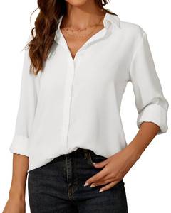 lot 6213 image: YAMANMAN Womens Button Down Shirt Long Sleeve Classic Collared Tops Work Office Casual Chiffon Blouse White size  XL has staying on right sleeve