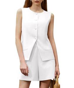lot 6253 image: Casly Lamiit Womens 2 Piece Outfits Dressy Casual High Waisted Short Sets Crew Neck Button Down Blazer Vest Trendy Matching Work Suit White L