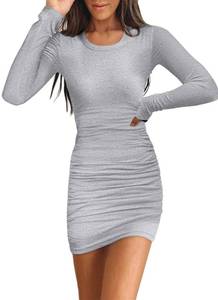lot 6257 image: Valiamcep Women Casual Crew Neck Ruched Long Sleeve Bodycon 2025 Fall Short Mini Dresses Gray M