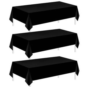 lot 6266 image: Childom 3 Pack Plastic Tablecloths for Rectangle Tables 54 x 108 Black Disposable Table Cloths for 6 to 8 Foot Tables Indoor or Outdoor Parties Birthday Wedding Christmas Anniversary Buffet Table