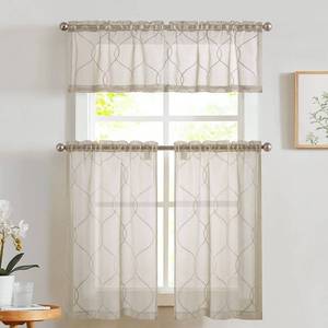 lot 6273 image: Vangao Beige Kitchen Curtains 3 Piece Set 24 Inch Length Sheer Curtains Valance Embroidered Moroccan Trellis Pattern Light Filtering Kitchen Drapes Valances Set