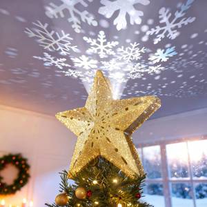 lot 6318 image: DG-Direct Christmas Tree Topper Lighted Star Gold,3D Hollow Sparkling Star Christmas Tree Topper with Rotating Magic Cool White Snowflake Projector for Christmas Tree Ornament (Gold)