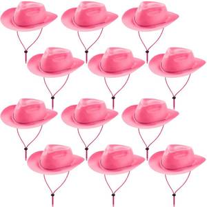 lot 6320 image: Hicarer 12 Pieces Disposable Plastic Cowboy Hat Set for Party Felt Wide Brimmed Western Cowgirl Hat for Men Women(Pink)
