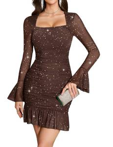 lot 6323 image: Meetjen Womens Mesh Long Sleeve Mini Dress Square Neck Sparkle Party Club Night Out Cocktail Short Ruched Bodycon Dresses Fall 2025 Brown L