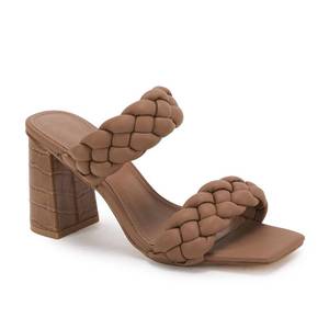 lot 6325 image: Syktkmx Womens Braided Heels Sandals Chunky Block Heel Double Strap Summer Dressy Sandal, Light Coffee, Size 8