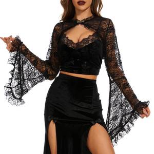 lot 6339 image: Zando Black Lace Top for Women - Halloween Mesh Bell Sleeve Tops, Gothic Lace Cardigan, Vampire Costume, Sexy Witch Costume, Halloween Accessories, Vintage Outfits for Festival Party Wear X-Large