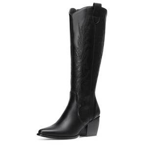 lot 6341 image: DREAM PAIRS Womens Cowboy Boots Wide Calf Comfortable Pull On Zipper Chunky Heel Pointed Toe Embroidered Western Cowgirl Knee High Boots Ladies Retro Tall Boot,Size 8,BlackPu,SDKB224W