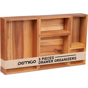 lot 7081 image: Demigo Acacia Drawer Organizer Set of 5, Cabinet Container Box, Wood Bin Set in Varied Sizes, Dividers Holder for Storage Cooking Utensils Spices Tea Bags Foods Office Items (Brown)