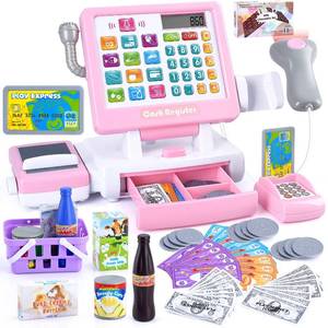 lot 7083 image: PLAY Kids Cash Register Toy - Pretend Play Calculator Register Toys with MicrophoneConveyorsPlay MoneyScannerCredit CardCansDrink, 3 Toddler Develops Early Math Skills Learning Toys