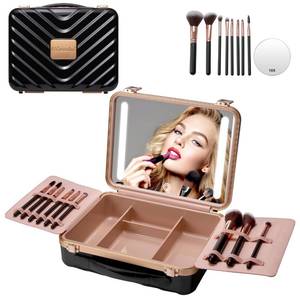 lot 7085 image: Mocado Travel Makeup Case with Lighted Mirror, Makeup Box with 8 Makeup Brushes and 10x Magnifying Mirror,Cosmetic Case Adjustable Brightness Makeup Train Case with Makeup Brushes Divider(Black)