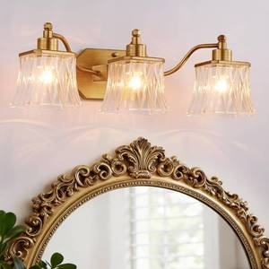 lot 7097 image: EvmVom Vintage Bathroom Light Fixtures, 3-Light Gold Vanity Light with Ribbed Crystal Glass Shade, 21.4 Brushed Gold Vanity Lights for Bathroom Bedroom Living Room Hallway, E26 Base