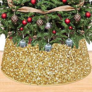 lot 7115 image: OMKSIH Gold Christmas Tree Collar - 23.6 Inch Sequin Skirt, Glitter Xmas Ring, Embroidered Velvet Collar for Pencil Tree, Sparkly Base Cover, Mermaid Stand Collar for Fall
