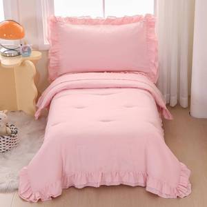 lot 7129 image: Wowelife Pink Toddler Bedding Set for Girls Toddler Bedding 4 Pieces Boho Tufted Comforter with Ruffles Design Toddler Girl Bed Set with Comforter, Fitted Sheet, Flat Sheet and Pillowcase
