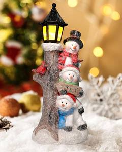 lot 7140 image: iStatue Lighted Stacked Snowman Tabletop Decor Figurine with Lamppost Lantern - 11.2 Resin Cardinal Christmas Decorations Indoor - Unique Xmas Gift Idea (Joy Trio)