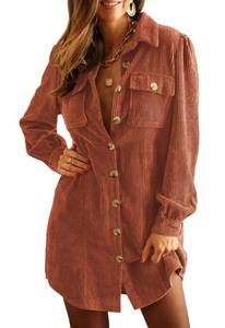 lot 8247 image: Alaster Queen Womens Corduroy Long Sleeve Dresses 2025 Fall Winter Brown Lapel Neck Tunic Short Dress with Pocket