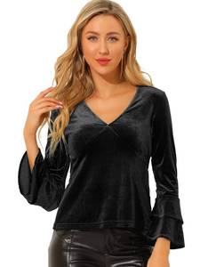 lot 8249 image: Allegra K Womens V Neck Velvet Blouse Halloween Party Flare Long Sleeve Peplum Top Medium Black